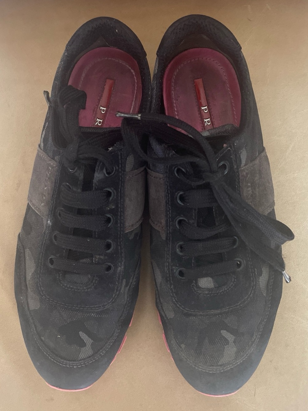 Prada Black Suede and Camouflage Low-Top Sneakers with Burgundy Insole